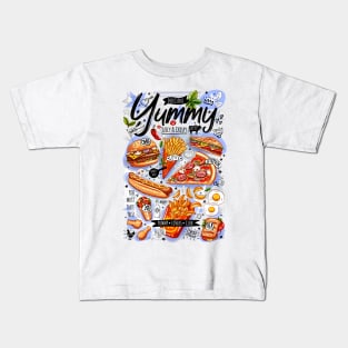 Food, yummy, print, burger, pizza, sandwich, roll, chicken Kids T-Shirt